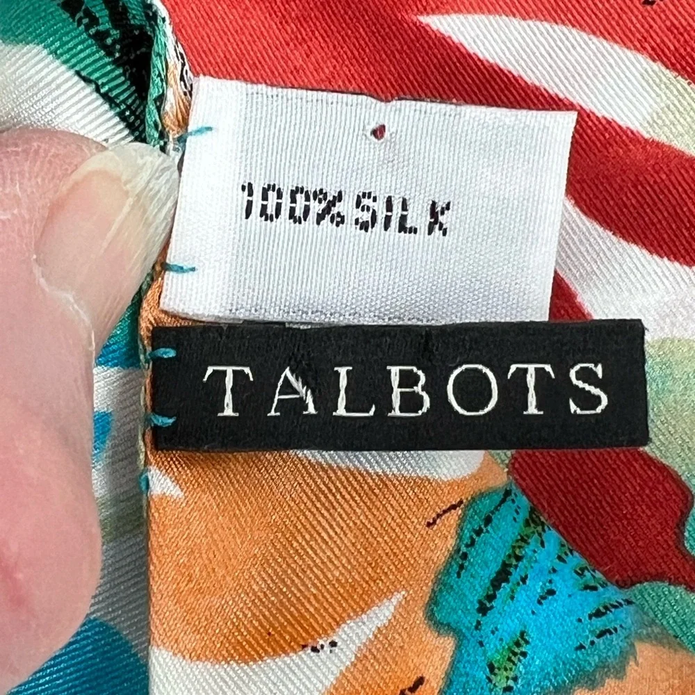 TALBOTS SILK SCARF, FLORAL IN WHITE‎ BLUE ORANGE AND RED